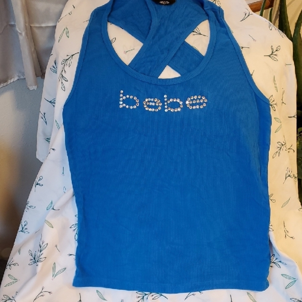 BEBE Electric Blue Women's Ribbed Tank Top Size Large Stretch Good Condition🦋💫